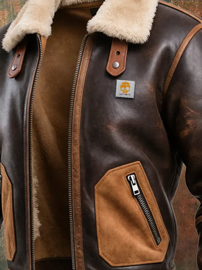 Igor | Warm Brown Leather Jacket with Sherpa Collar