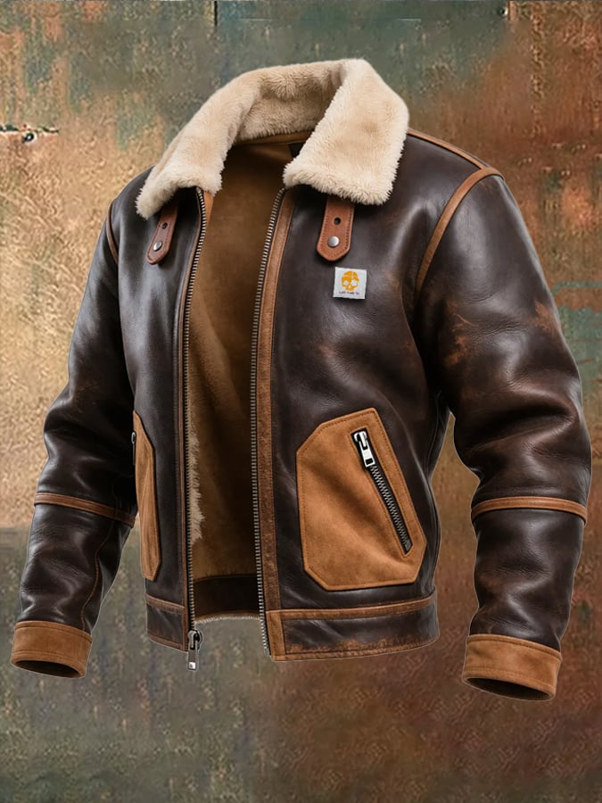 Igor | Warm Brown Leather Jacket with Sherpa Collar