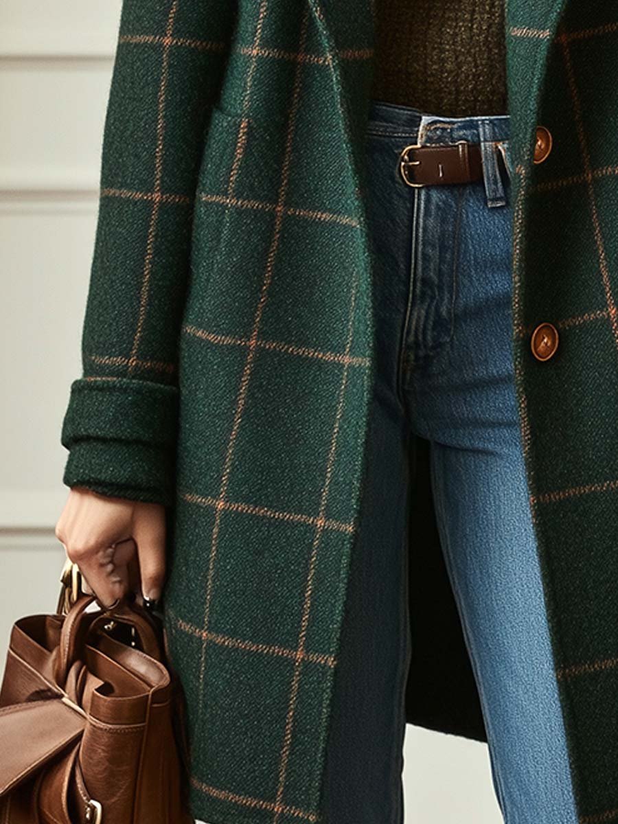 Kaitlyn™ Vintage-Inspired Plaid Tweed Coat with Classic Lapel