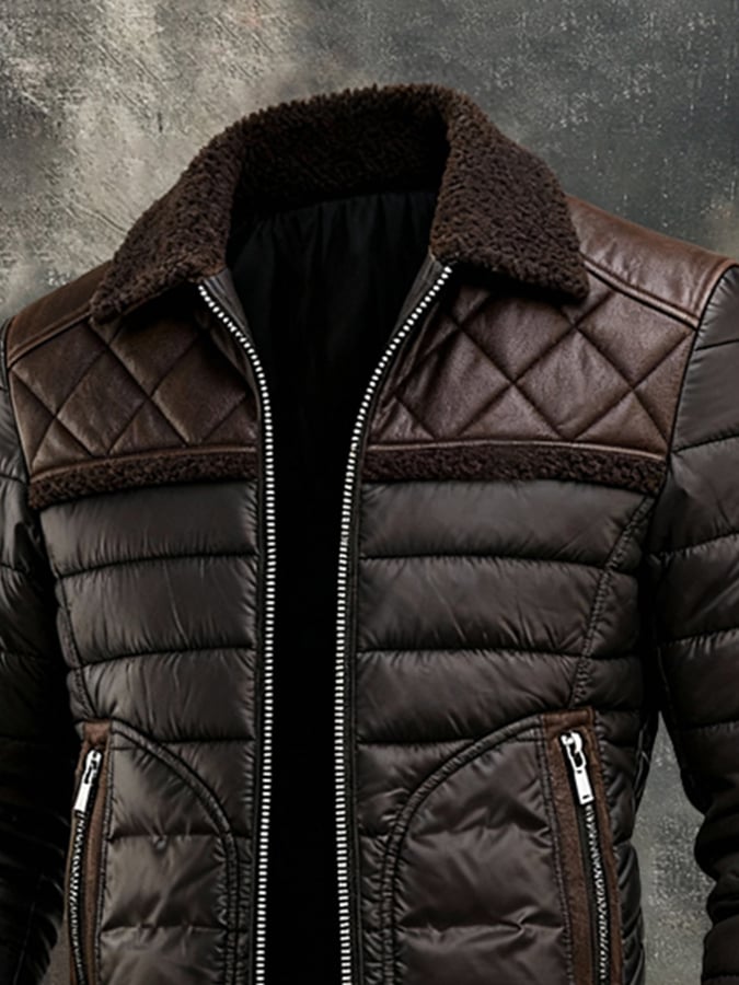 Milan | Brown Matelassé Jacket with Warm Sherpa Collar