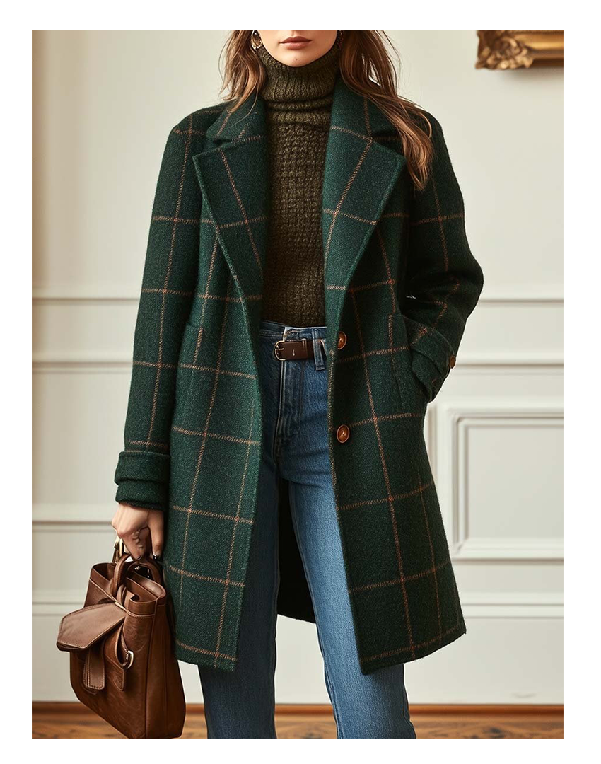 Kaitlyn™ Vintage-Inspired Plaid Tweed Coat with Classic Lapel