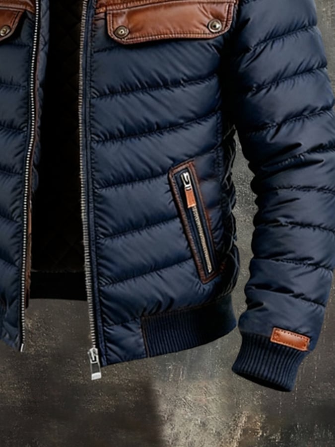 Oskar | Navy Quilted Jacket with Leather Inserts