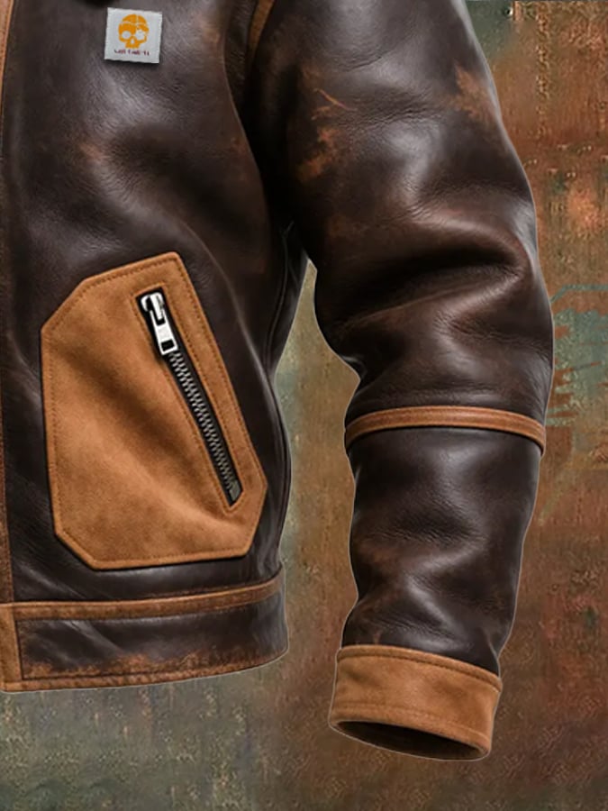 Igor | Warm Brown Leather Jacket with Sherpa Collar