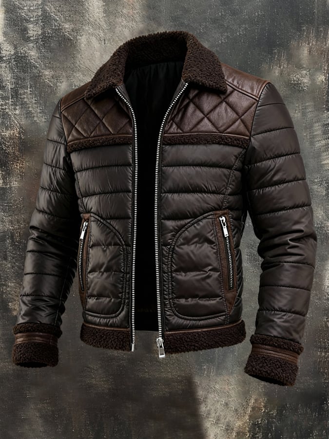 Milan | Brown Matelassé Jacket with Warm Sherpa Collar