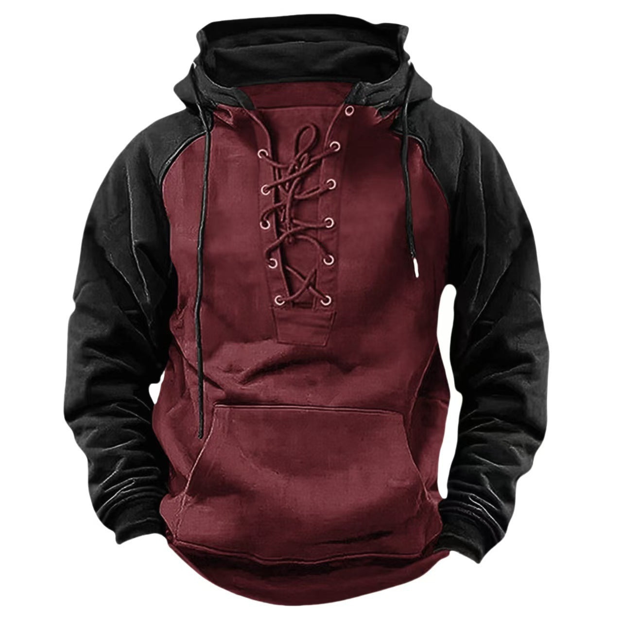 Redwood Haven™ – Dual-Tone Lace-Up Hoodie (Burgundy + Black)