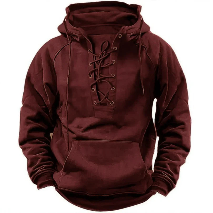 Redwood Haven™ – Lace-Up Fleece Hoodie (Deep Burgundy)
