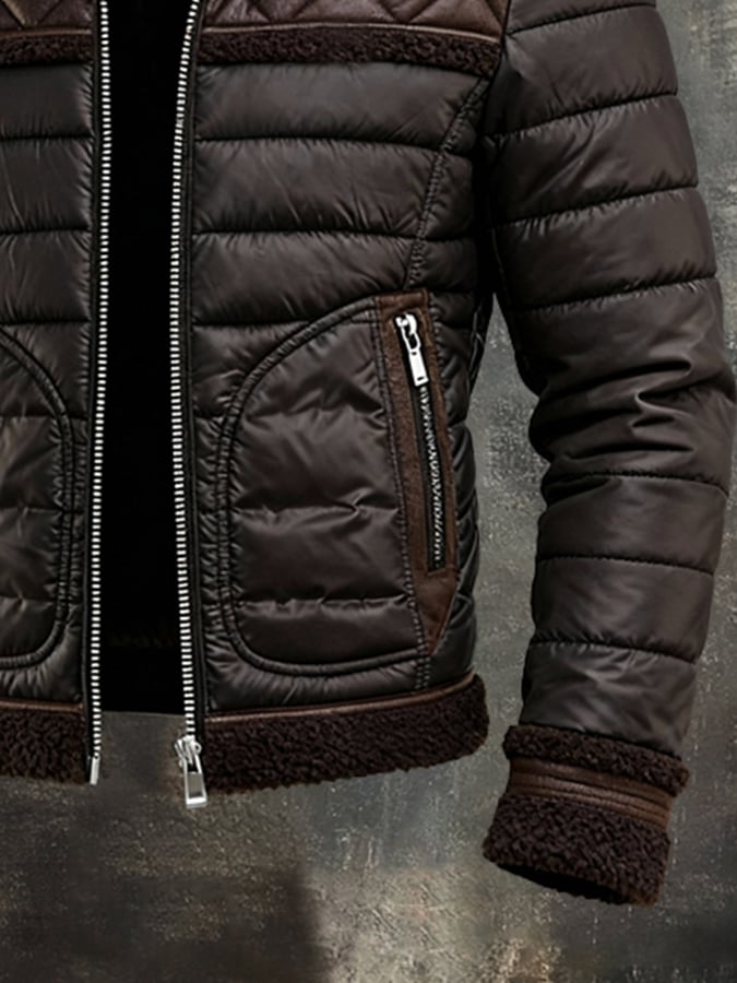 Milan | Brown Matelassé Jacket with Warm Sherpa Collar